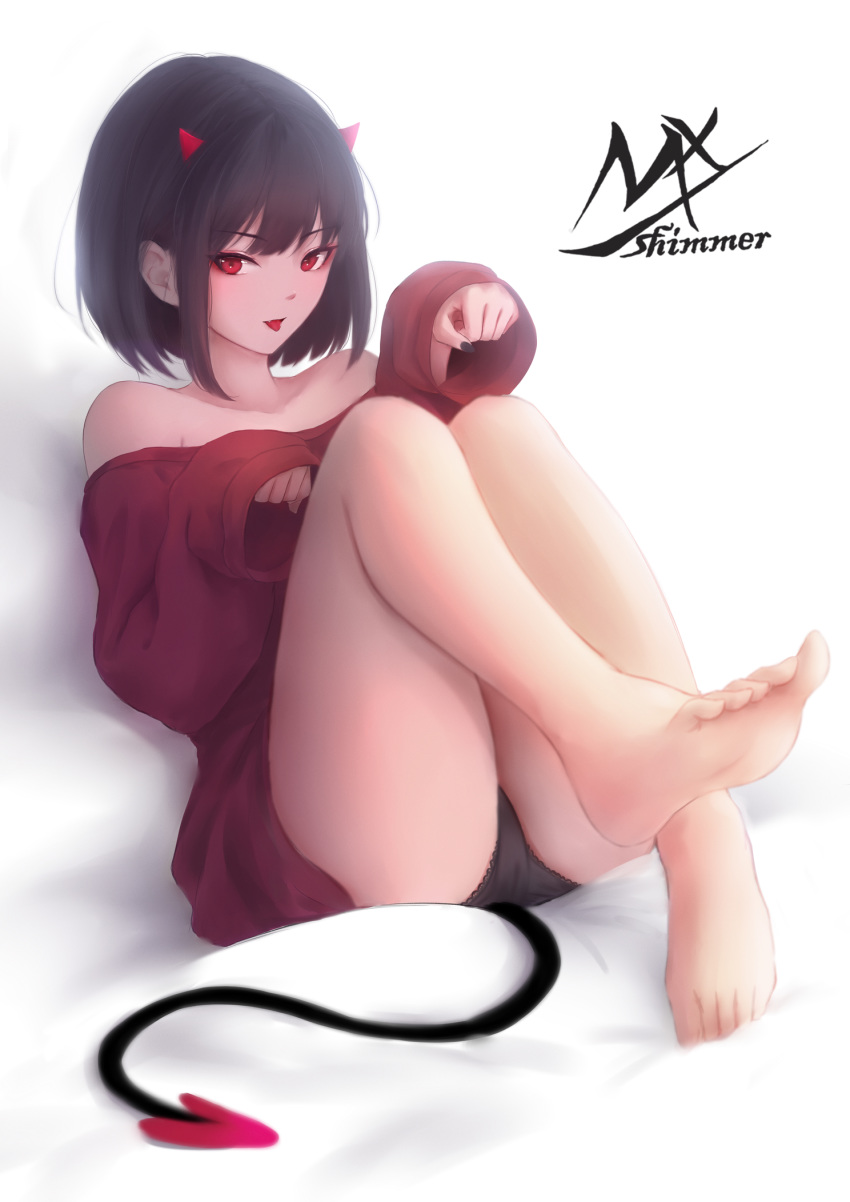 1girl artist_name bangs bare_shoulders black_panties collarbone demon_girl demon_horns demon_tail eyebrows_visible_through_hair highres horns knees_up long_sleeves looking_at_viewer lying on_back original panties paw_pose red_eyes red_horns red_shirt shimmer shirt short_hair solo tail tongue tongue_out underwear
