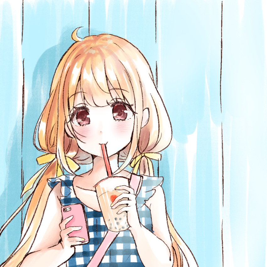 1girl :3 ahoge arms_up bangs blue_dress blush bubble_tea closed_mouth collarbone cup dress eye_color_request futaba_anzu highres holding holding_cup holding_phone idolmaster idolmaster_cinderella_girls idolmaster_cinderella_girls_starlight_stage long_hair looking_at_viewer phone pink_strap plaid plaid_dress purse_strap ribbon rino_cnc sleeveless sleeveless_dress smile solo strap translation_request twintails upper_body very_long_hair yellow_ribbon
