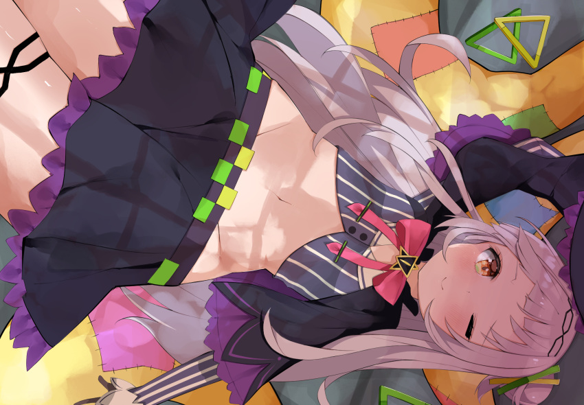 1girl blush capelet eureka_814 hat highres hololive looking_at_viewer midriff murasaki_shion one_eye_closed silver_hair smile solo virtual_youtuber witch_hat yellow_eyes