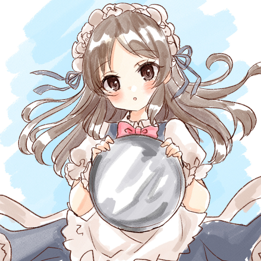 1girl :o apron blue_dress blue_ribbon blush bow bowtie brown_hair dress frilled_apron frills highres holding holding_to_chest holding_tray idolmaster idolmaster_cinderella_girls long_hair looking_at_viewer maid_headdress open_mouth pink_bow ribbon rino_cnc shiny shiny_hair solo tachibana_arisu tray white_apron white_headdress