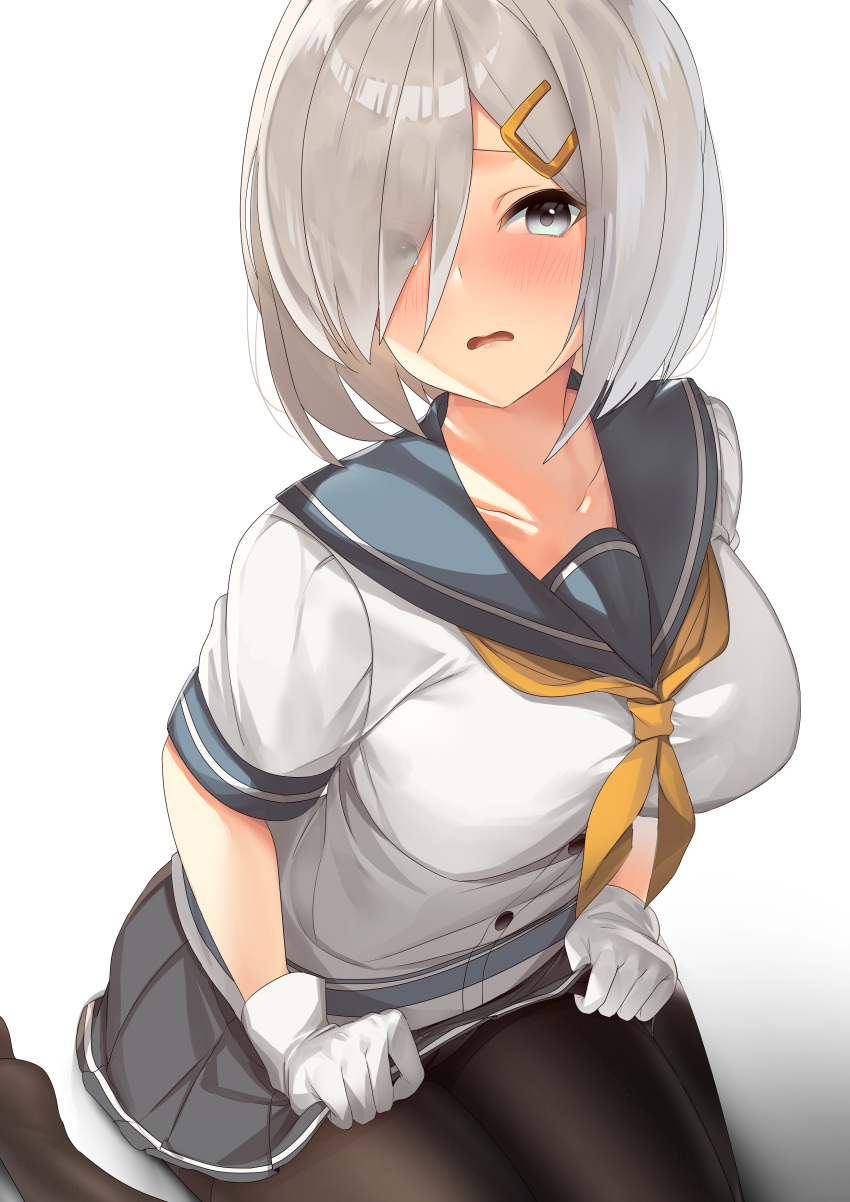 1girl absurdres black_legwear blue_eyes blush breasts collarbone eyebrows_visible_through_hair eyes_visible_through_hair gloves hair_ornament hair_over_one_eye hairclip hamakaze_(kantai_collection) highres jun_project kantai_collection large_breasts lifted_by_self looking_at_viewer neckerchief open_mouth pantyhose pleated_skirt sailor_collar school_uniform serafuku short_hair short_sleeves silver_hair simple_background sitting skirt skirt_lift solo wariza white_background white_gloves yellow_neckwear