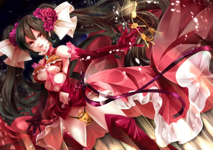 1girl black_hair black_panties breasts chastity_belt elbow_gloves flower gloves hair_flower hair_ornament key keyring large_breasts lock long_hair looking_at_viewer midriff navel original panties red_eyes red_flower red_gloves red_rose rose smile solo teltelhousi twintails underwear very_long_hair