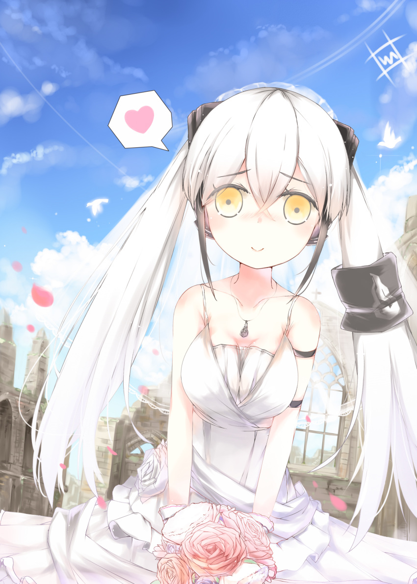 1girl absurdres bouquet breasts bridal_veil chosunbe collarbone destroyer_(girls_frontline) dress flower girls_frontline heart highres long_hair medium_breasts sangvis_ferri smile solo spoken_heart twintails veil very_long_hair wedding_dress white_hair yellow_eyes