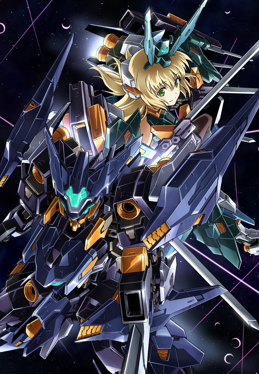 1girl alternate_color baselard beam blonde_hair commentary_request cutlass_(frame_arms) frame_arms frame_arms_girl glowing green_eyes gun headgear highres holding holding_weapon kumichou_(ef65-1118-ef81-95) long_hair mecha mecha_musume sky space star_(sky) starry_sky sword thrusters weapon