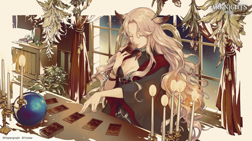 1girl animal_ears arknights blonde_hair bracelet candle candlestand closed_eyes crystal_ball curtains deer_ears gitano_(arknights) hand_to_own_mouth hexagram highres jewelry light_smile long_hair mature official_art plant ring solo star_of_david tarot tassel tokima_yori watch wavy_hair window wristwatch