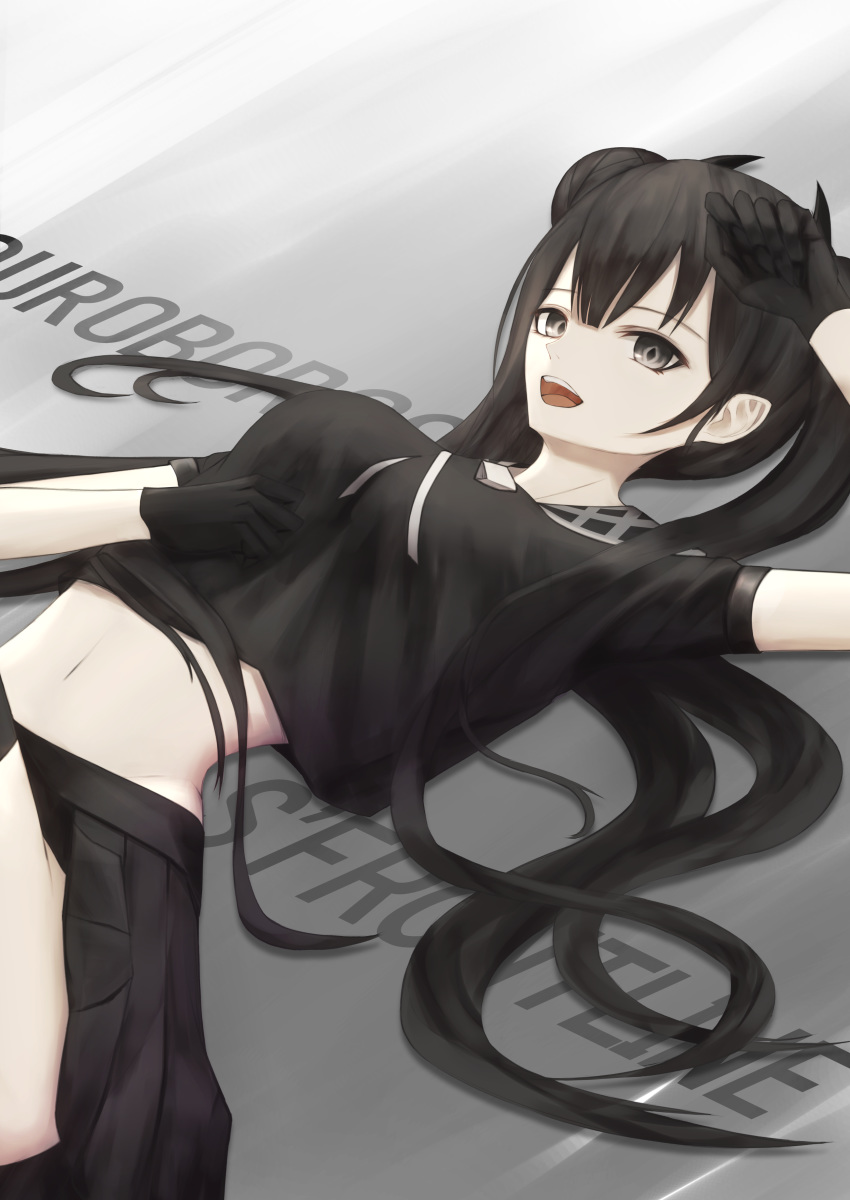 1girl absurdres black_gloves black_hair breasts crop_top double_bun girls_frontline gloves grey_eyes highres lying medium_breasts navel on_back open_mouth ouroboros_(girls_frontline) pleated_skirt sangvis_ferri skirt smile solo thomas_8000 twintails