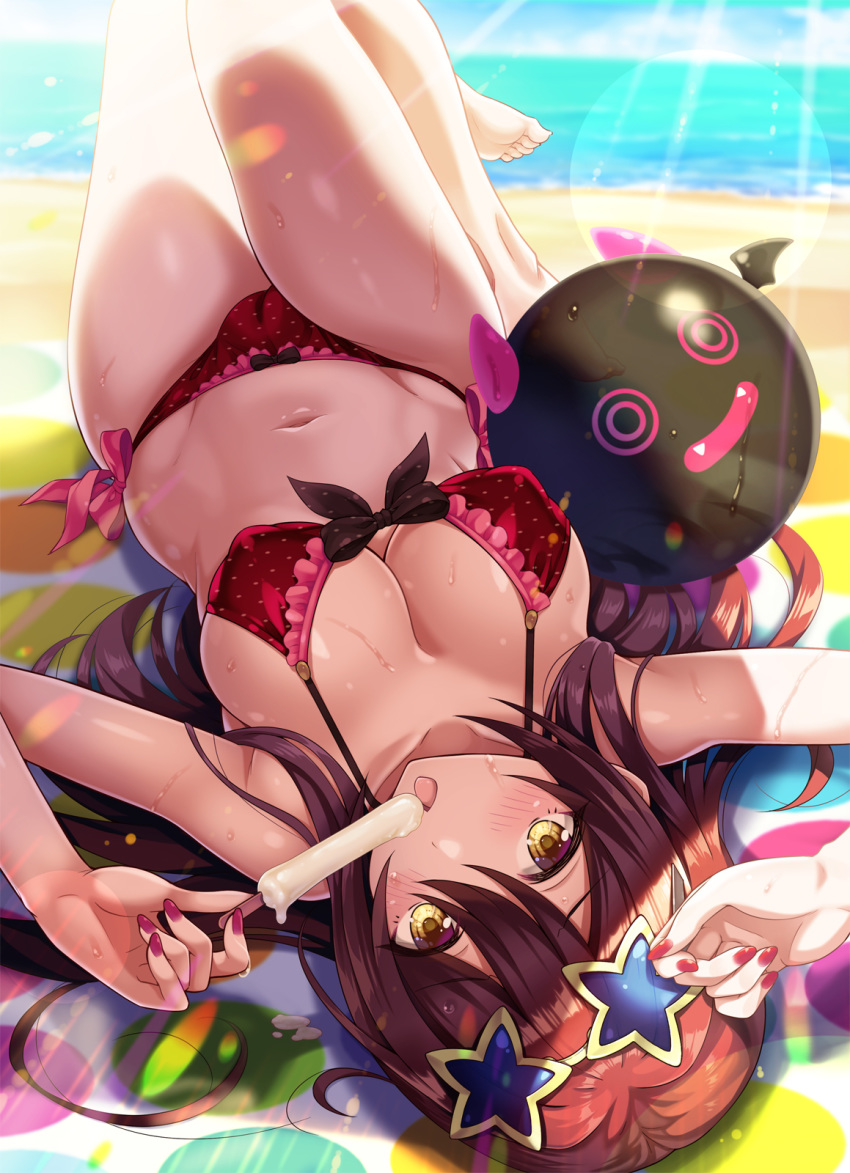 1girl arm_up bare_shoulders barefoot beach beach_mat bikini black_ribbon blush breasts brown_hair cameltoe collarbone covered_nipples day eyebrows_visible_through_hair eyewear_on_head fat_mons food frilled_bikini frills groin hair_between_eyes hand_up highres holding horizon idolmaster idolmaster_shiny_colors knee_up large_breasts leg_up long_hair looking_at_viewer nail_polish navel ocean oosaki_tenka open_mouth outdoors polka_dot polka_dot_bikini popsicle raised_eyebrows red_bikini red_nails ribbon shadow side-tie_bikini star-shaped_eyewear sunglasses sunlight sweat swimsuit thighs tongue tongue_out upside-down urabi_(tomatohouse) yellow_eyes