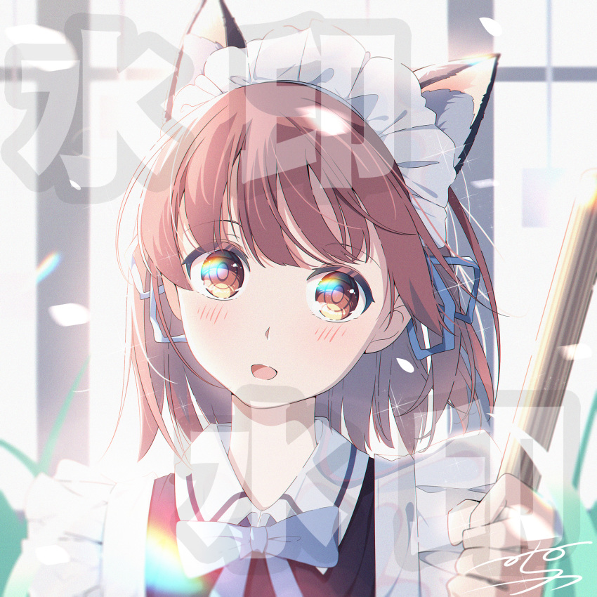 1girl :d animal_ear_fluff animal_ears apron backlighting bangs black_dress blue_bow blue_ribbon blush bow brown_eyes brown_hair collared_shirt dress eyebrows_visible_through_hair frilled_apron frills hair_ribbon hand_up highres holding looking_at_viewer maid maid_headdress menghuan_tian open_mouth original petals ribbon shirt signature smile solo translation_request upper_body white_apron window