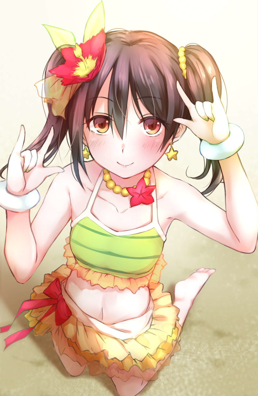 1girl absurdres arms_up bangle bangs barefoot beach bikini bikini_skirt blush bow bracelet breasts collarbone earrings eyebrows_visible_through_hair flower flower_necklace frill_trim from_above hair_between_eyes hair_flower hair_ornament hand_gesture hibiscus highres hitotsuki_no_yagi jewelry kneeling looking_at_viewer love_live! love_live!_school_idol_project medium_hair navel necklace outdoors red_bow red_eyes red_flower sand scrunchie sleeveless small_breasts smile solo star_(symbol) star_earrings striped striped_bikini striped_swimsuit swimsuit tankini twintails yazawa_nico
