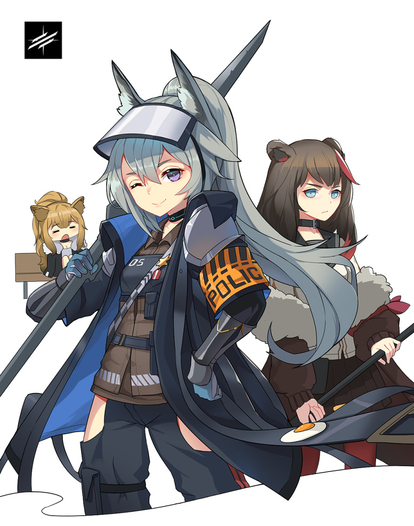 2019 animal_humanoid arknights bench blonde_hair blue_eyes bottomwear breasts brown_hair clothing collar equid equid_humanoid felid felid_humanoid female gloves grani_(arknights) group hair handwear hi_res humanoid jacket lion_humanoid looking_at_viewer mammal mammal_humanoid melee_weapon one_eye_closed pantherine pantherine_humanoid pants siege_(arknights) silver_hair sima_naoteng simple_background sitting_on_bench sleeping smile topwear ursid ursid_humanoid weapon white_background zima_(arknights)