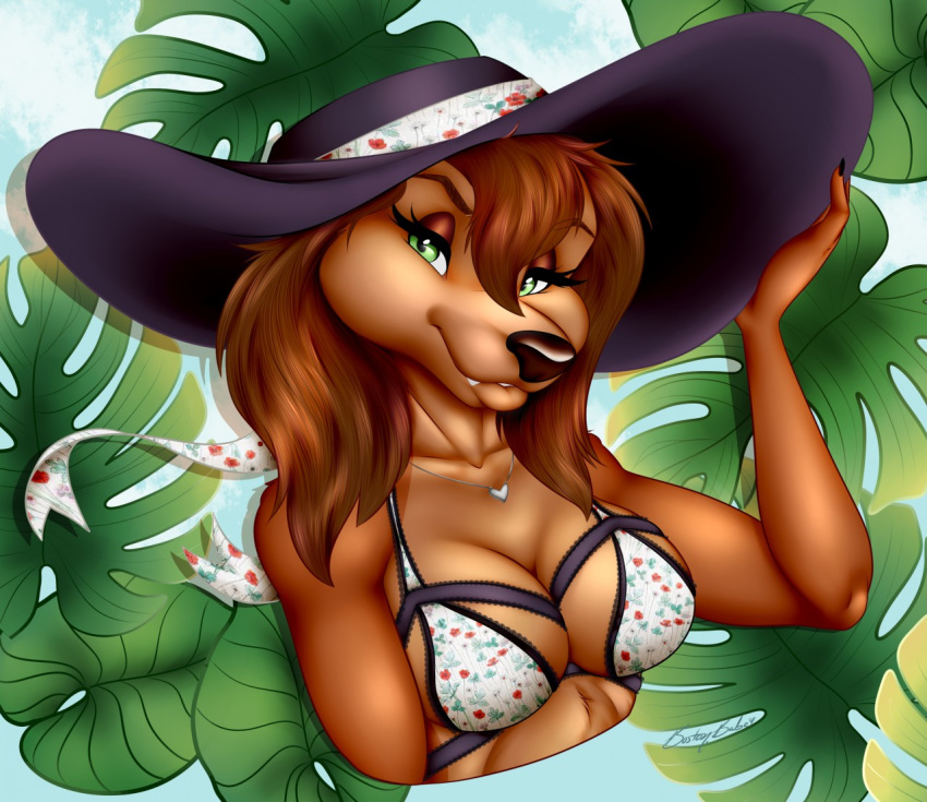 &lt;3 all_dogs_go_to_heaven anthro bikini bikini_top bird_dog boston.babe breasts canid canine canis cleavage clothed clothing domestic_dog don_bluth female floral_print flower hat headgear headwear hunting_dog irish_setter jewelry mammal necklace plant sasha_la_fleur setter solo swimwear