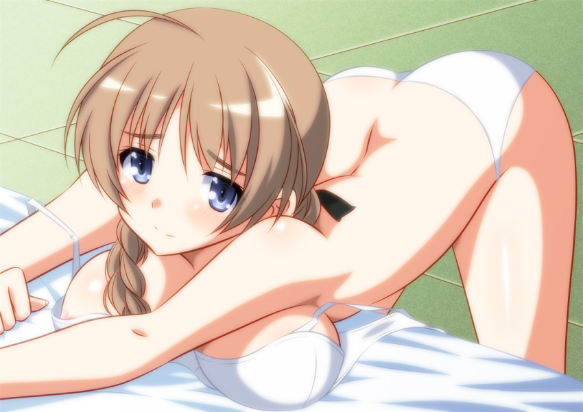 1girl ahoge areola_slip areolae ass bangs bare_shoulders bed blue_eyes blush bra braid breasts brown_hair cleavage collarbone eyebrows_visible_through_hair hair_ribbon isa_(ni-iro) large_breasts long_hair looking_at_viewer lynette_bishop panties ribbon shiny shiny_hair shiny_skin strike_witches underwear white_bra white_panties world_witches_series