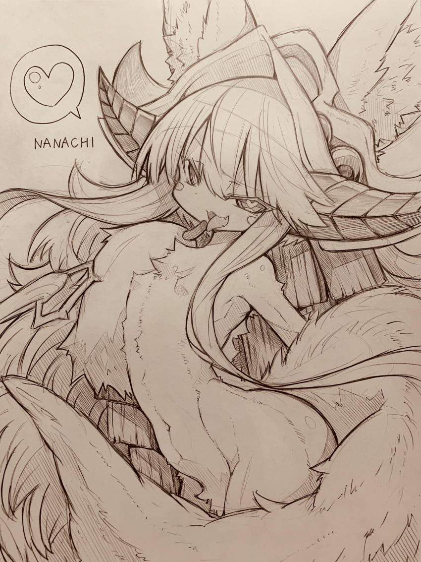 1other animal_ears character_name finger_to_mouth fur furry hat heart heart-shaped_pupils highres looking_at_viewer made_in_abyss mitsuba-sama_(milkba-ng) monochrome nanachi_(made_in_abyss) naughty_face nude open_mouth sketch smile spoken_heart symbol-shaped_pupils tail tongue tongue_out whiskers