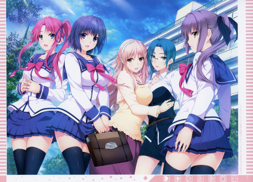 5girls amagase_yuuki bangs blonde_hair blue_eyes blue_hair blue_skirt blush bow breasts brown_eyes collarbone day fingernails hairband highres holding huge_filesize iizuki_tasuku inubousaki_aya kurokawa_sera lips long_hair long_sleeves looking_at_viewer looking_back lovely_x_cation medium_breasts multiple_girls nanasawa_yuni official_art open_mouth outdoors pink_hair ponytail purple_hair sailor_collar scan school_briefcase shiny shiny_hair short_hair side_ponytail skirt smile sunlight thighhighs tied_hair tsukioka_misasa zettai_ryouiki