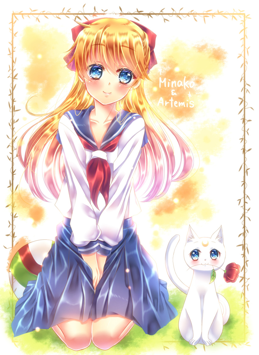 1girl absurdres aino_minako artemis_(sailor_moon) bangs between_legs bishoujo_senshi_sailor_moon blonde_hair blue_eyes blue_sailor_collar blue_skirt blush bow character_name closed_mouth collarbone collared_shirt eyebrows_visible_through_hair floating_hair full_body hair_between_eyes hair_bow hand_between_legs highres long_hair long_sleeves looking_to_the_side miniskirt mouth_hold neckerchief pleated_skirt red_bow red_neckwear sailor_collar sailor_shirt school_uniform serafuku shiny shiny_hair shirt sitting skirt smile solo touki_matsuri very_long_hair white_shirt