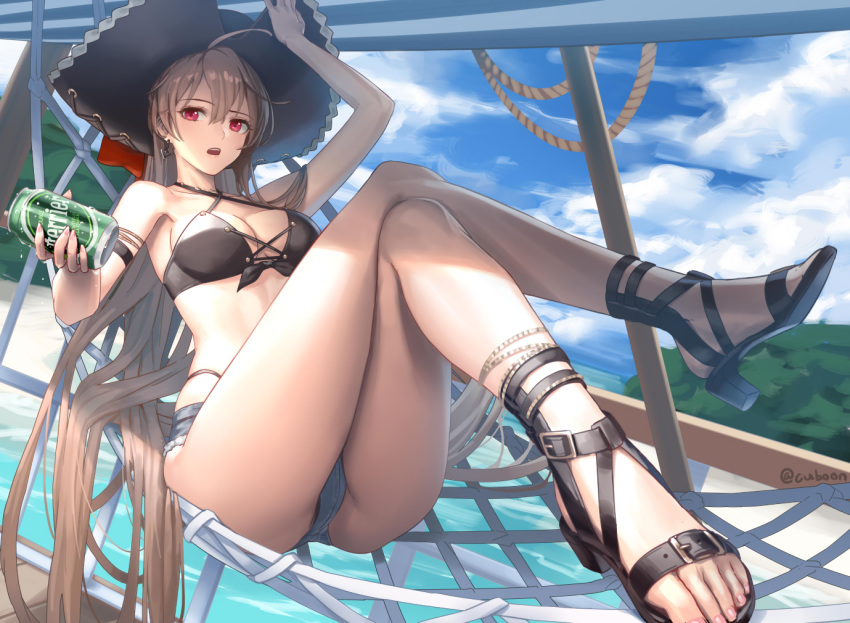 azur_lane brown_hair cuboon drink hat jean_bart_(azur_lane) long_hair red_eyes signed