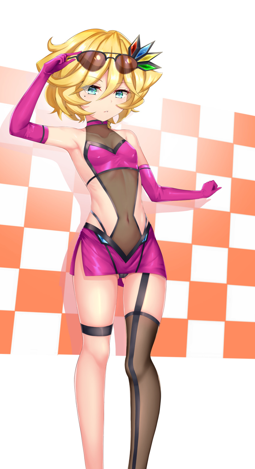1girl absurdres adapted_costume armpits ass ass_visible_through_thighs blonde_hair blue_eyes blush breasts cameltoe carol_malus_dienheim covered_navel covered_nipples elbow_gloves eyewear_on_head gloves highres looking_at_viewer mole mole_under_eye navel race_queen see-through senki_zesshou_symphogear shiny shiny_hair shiny_skin short_hair side_cutout single_thighhigh skirt small_breasts solo standing sunglasses thighhighs wingsakimori