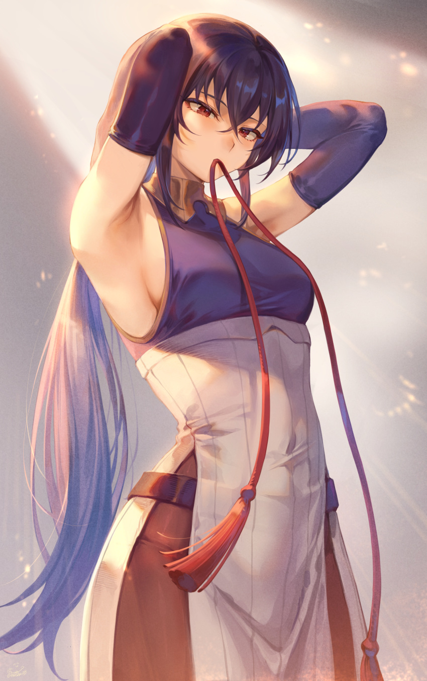 1girl armpits bangs belt black_hair breasts dress eyebrows_visible_through_hair gloves hair_between_eyes highres long_hair mashuu_(neko_no_oyashiro) original purple_gloves red_eyes sleeveless solo