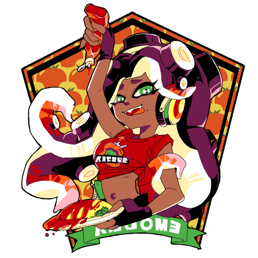 1girl :p arm_up black_gloves bottle bright_pupils cephalopod_eyes commentary dark_skin fangs fingerless_gloves food gloves gradient_hair green_eyes half-closed_eyes headphones highres holding holding_bottle holding_plate iida_(splatoon) inkling_(language) katsu_noha ketchup ketchup_bottle long_hair looking_at_viewer makeup mascara midriff mole mole_under_mouth multicolored_hair navel octarian omurice open_mouth plate print_shirt red_hair red_shirt shirt short_sleeves sleeves_rolled_up smile solo splatoon_(series) splatoon_2 suction_cups t-shirt tentacle_hair tied_shirt tomato tongue tongue_out upper_body white_pupils