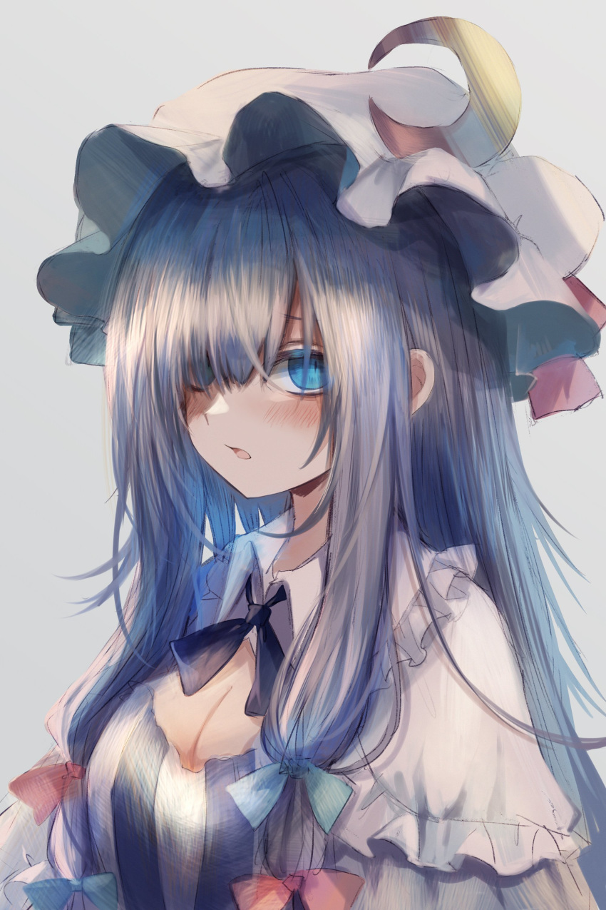 1girl absurdres blue_bow blue_eyes blush bow breasts capelet cleavage crescent crescent_moon_pin dress grey_background hair_bow hair_over_one_eye hat highres long_hair looking_at_viewer maho_moco medium_breasts mob_cap parted_lips patchouli_knowledge purple_dress purple_hair red_bow sidelocks simple_background solo striped striped_dress touhou upper_body white_capelet white_headwear wing_collar