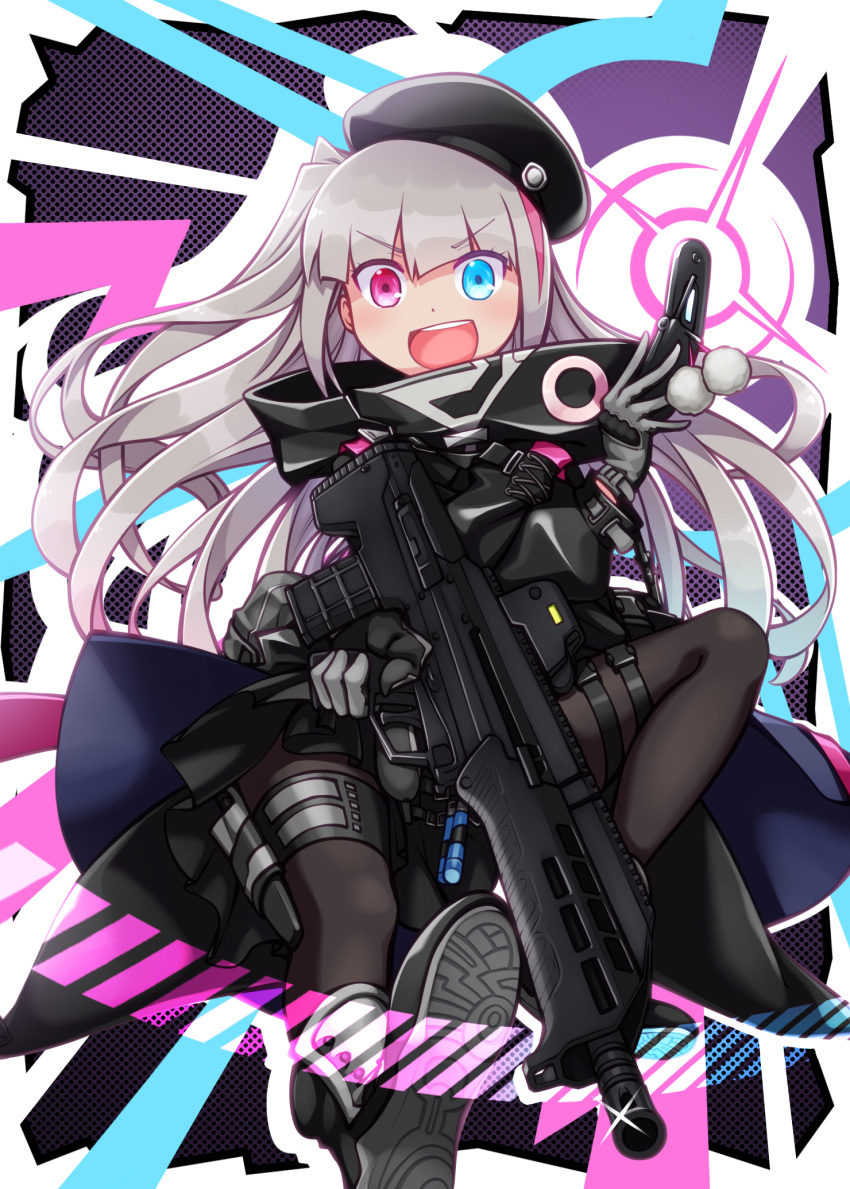 1girl :d bangs beret black_footwear black_headwear black_jacket blue_eyes boots brown_legwear cellphone commentary_request desert_tech_mdr eyebrows_visible_through_hair flip_phone girls_frontline gloves grey_gloves grey_hair gun haradaiko_(arata_himeko) hat heterochromia high_collar highres holding holding_gun holding_phone holding_weapon jacket long_hair long_sleeves looking_at_viewer mdr_(girls_frontline) object_namesake one_side_up open_mouth pantyhose phone pink_eyes shoe_soles smile solo v-shaped_eyebrows very_long_hair weapon