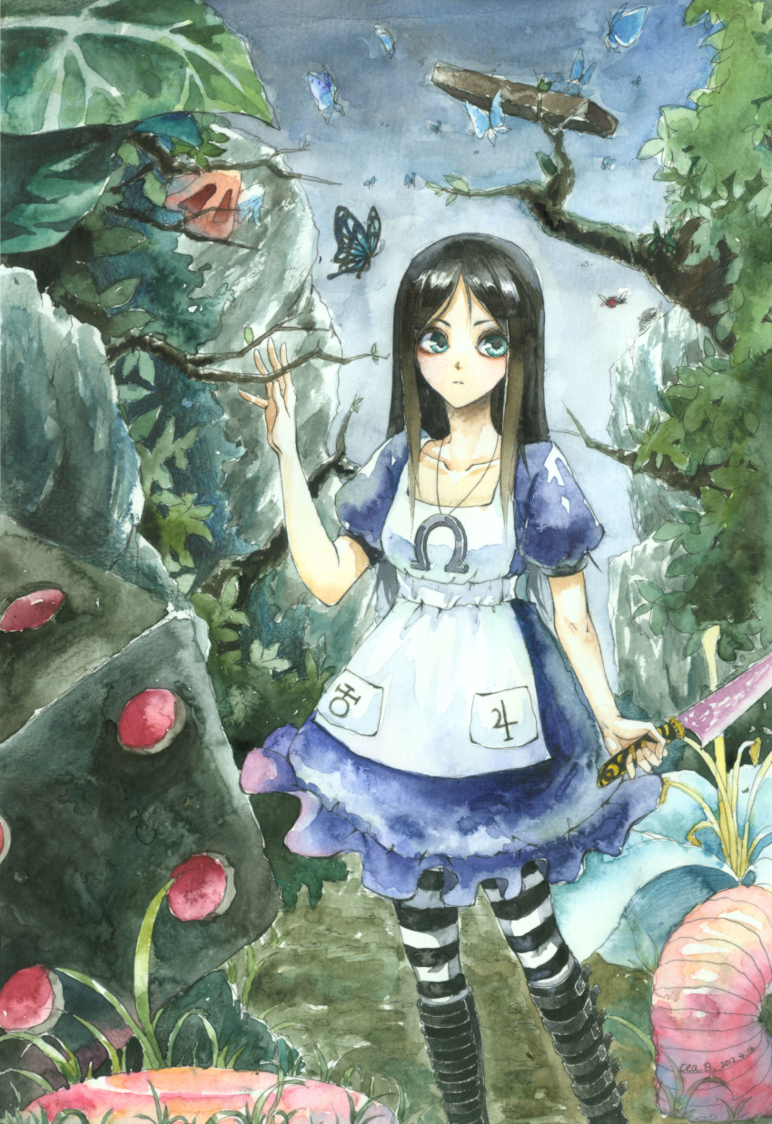 1girl absurdres alice:_madness_returns alice_(wonderland) alice_in_wonderland american_mcgee's_alice apron black_hair bug butterfly dress green_eyes highres insect jewelry long_hair necklace neeta pantyhose solo striped striped_legwear