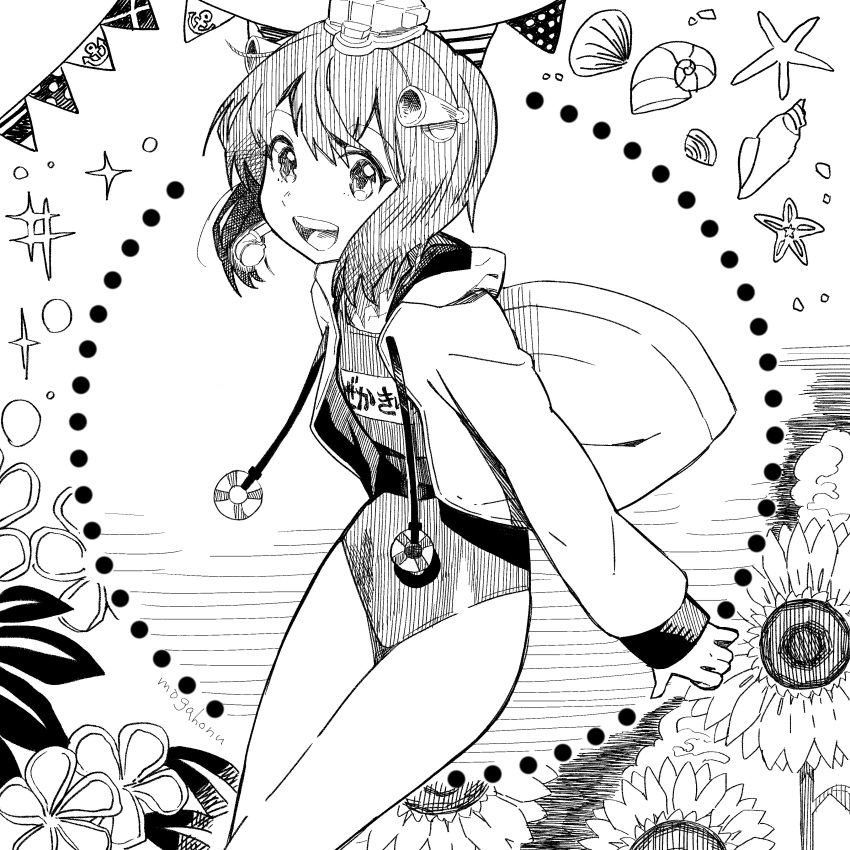 1girl absurdres anchor bangs eyebrows_visible_through_hair flower greyscale headgear highres hood hood_down hoodie jacket kantai_collection long_sleeves mogamiya_honu monochrome name_tag one-piece_swimsuit open_mouth seashell shell short_hair solo sparkle sunflower swimsuit yukikaze_(kantai_collection)