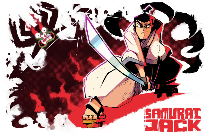 1boy aku black_eyes black_hair closed_mouth copyright_name fighting_stance geta glint highres holding holding_sword holding_weapon katana looking_at_viewer ponytail rariatto_(ganguri) samurai_jack samurai_jack_(character) sword toenails two-handed weapon wide_sleeves