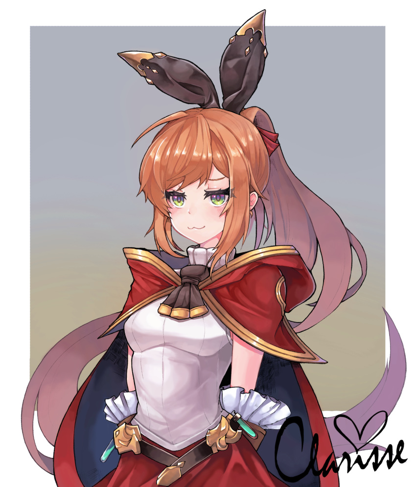 1girl :3 animal_ears arms_behind_back bangs belt black_belt black_cape blush border breasts brown_hair bunny_ears cape character_name clarisse_(granblue_fantasy) commentary_request dltkdwls369 fake_animal_ears frills granblue_fantasy green_eyes hair_ribbon heart high_ponytail highres impossible_clothes impossible_shirt long_hair looking_at_viewer medium_breasts multicolored multicolored_background ponytail red_cape red_ribbon red_skirt ribbon shirt skirt sleeveless sleeveless_shirt solo two-tone_cape upper_body white_border white_shirt