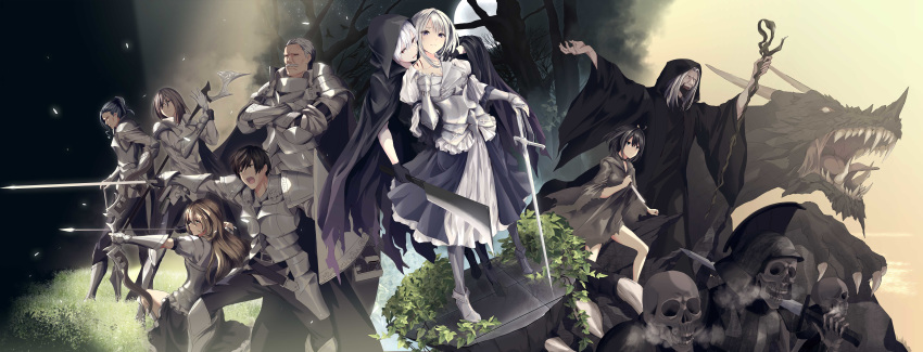 3girls 6+boys absurdres ahoge armor armored_dress arrow_(projectile) bangs bare_legs black_eyes black_hair bow_(weapon) brown_hair character_request cloak closed_mouth collarbone cover_image dragon empty_eyes full_moon grass greaves green_eyes hand_on_hilt highres holding holding_arrow holding_bow_(weapon) holding_knife holding_weapon hood hood_down hood_up incredibly_absurdres knife kuraki_kyuuden_no_shisha_no_ou long_hair looking_at_another looking_at_viewer merontomari moon multiple_boys multiple_girls necromancer novel_illustration official_art one_knee plant planted_sword planted_weapon profile purple_eyes serious short_hair silver_hair skeleton standing sword textless tree undead vambraces weapon white_hair