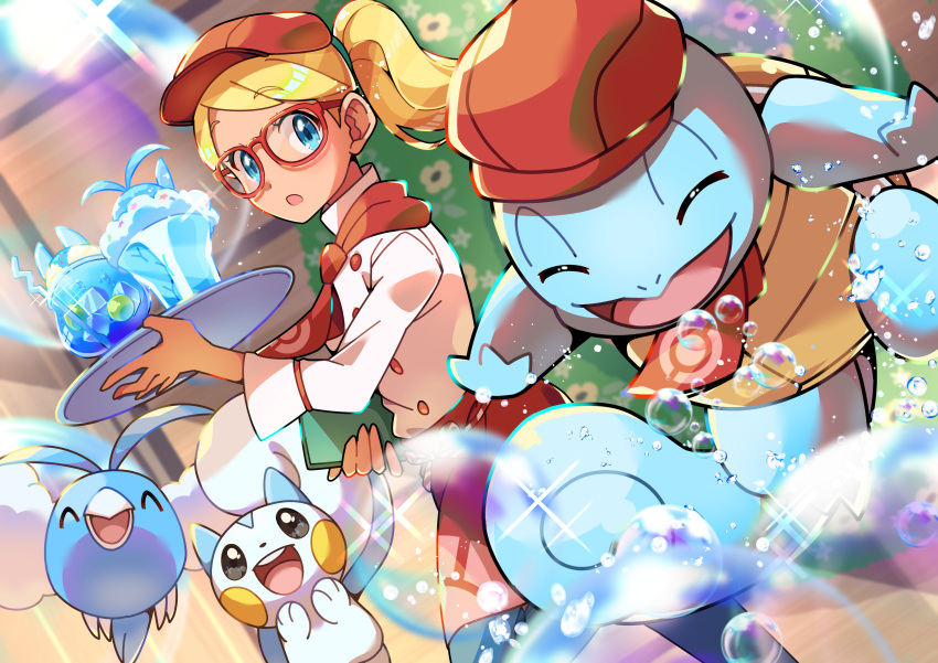1girl :o absurdres apron blonde_hair blue_eyes bubble bubble_(pokemon) commentary_request gen_1_pokemon gen_3_pokemon gen_4_pokemon glasses hair_tie hand_up hat highres holding holding_menu holding_tray lia_(pokemon) making-of_available menu open_mouth pachirisu pokemon pokemon_(creature) pokemon_(game) pokemon_cafe_mix pon_yui ponytail red-framed_eyewear red_headwear restaurant shiny shiny_hair sparkle squirtle standing swablu tied_hair tray waist_apron waitress