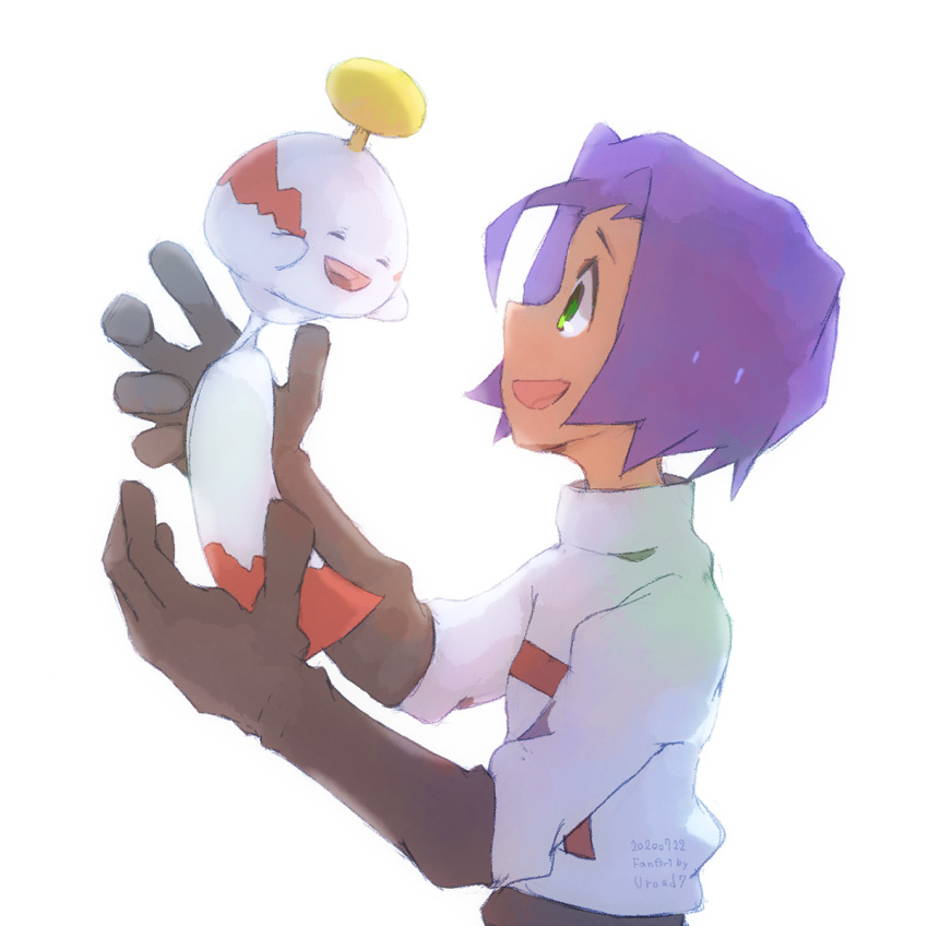 1boy :d artist_name black_gloves chimecho commentary_request gen_3_pokemon gloves green_eyes hands_up happy kojirou_(pokemon) looking_up open_mouth pokemon pokemon_(anime) pokemon_(creature) purple_hair smile team_rocket team_rocket_uniform tongue uroad7 white_background