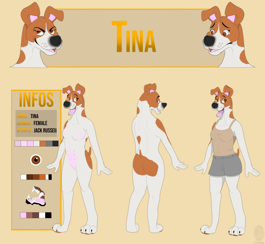 absurd_res canid canine canis clothing domestic_dog english_text fantine female hi_res hunting_dog innocent_smile jack_russell_terrier kind looking_at_viewer mammal model_sheet plantigrade smile solo terrier text tina_bolt