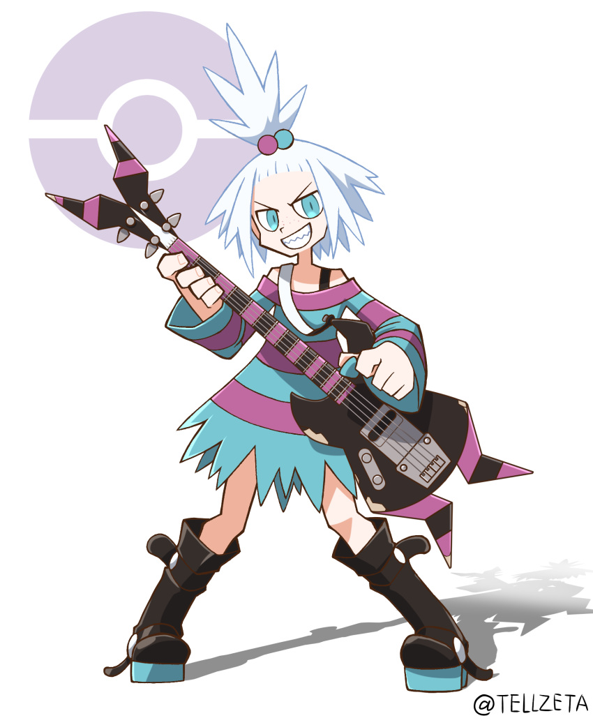 1girl bass_guitar blue_eyes boots dress forehead freckles gym_leader hair_bobbles hair_ornament highres homika_(pokemon) instrument looking_at_viewer poke_ball pokemon pokemon_(game) pokemon_bw2 sharp_teeth solo striped striped_dress teeth teru_zeta topknot white_hair