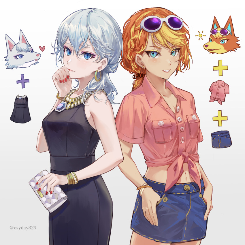 2girls artist_name bag bare_shoulders bianca_(doubutsu_no_mori) black_dress blue_eyes bracelet braid breasts collarbone commentary_request csyday denim denim_skirt doubutsu_no_mori dress earrings eyewear_on_head furry gem gradient gradient_background grey_background hair_between_eyes hand_on_own_chin handbag heart highres holding_purse hoop_earrings humanization jewelry looking_at_viewer medium_breasts midriff monika_(doubutsu_no_mori) multiple_girls navel necklace orange_hair parted_lips pink_shirt ponytail red_nails shirt shirt_rolled_up short_sleeves skirt sleeveless sleeveless_dress smile sunglasses thumbs_in_pockets wolf