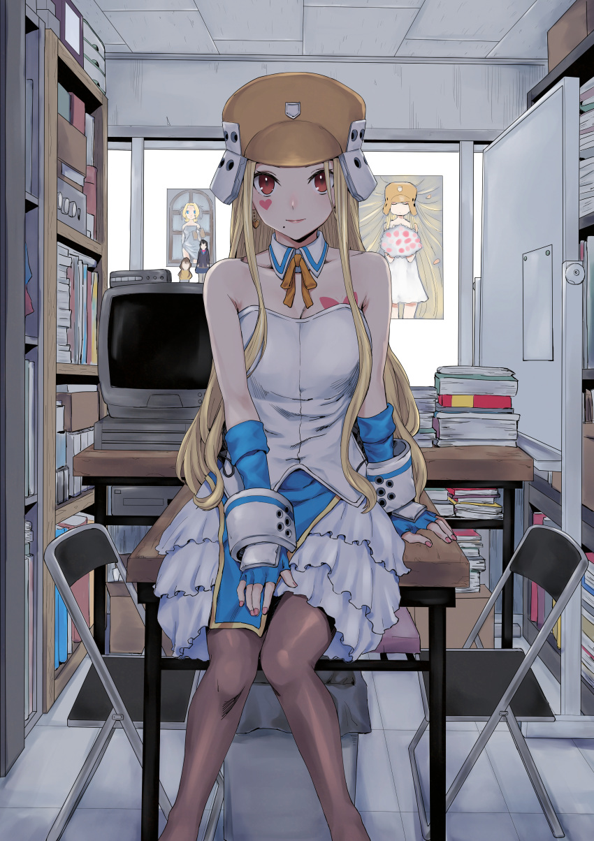 1girl absurdres armor bare_shoulders blonde_hair book bookshelf brown_headwear chair clubroom collarbone concrete cosplay crt desk detached_collar dress facing_viewer fingerless_gloves folding_chair g9_(jiiku) genshiken gloves hand_on_own_leg heart helmet highres huge_filesize indoors kujibiki_unbalance long_hair looking_at_viewer luis_cammy mole mole_under_mouth nail_polish neck_ribbon nijisanji pantyhose red_eyes ribbon ritsuko_kubel_kettenkrad ritsuko_kubel_kettenkrad_(cosplay) sitting sitting_on_table solo straight_hair virtual_youtuber white_dress whiteboard window yellow_ribbon