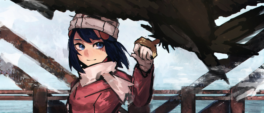 1girl bangs beanie blue_eyes blush closed_mouth coat commentary gloves hair_ornament hand_up hat highres hikari_(pokemon) looking_to_the_side mpka_yt pokemon pokemon_(game) pokemon_dppt pokemon_platinum scarf white_gloves white_headwear white_scarf