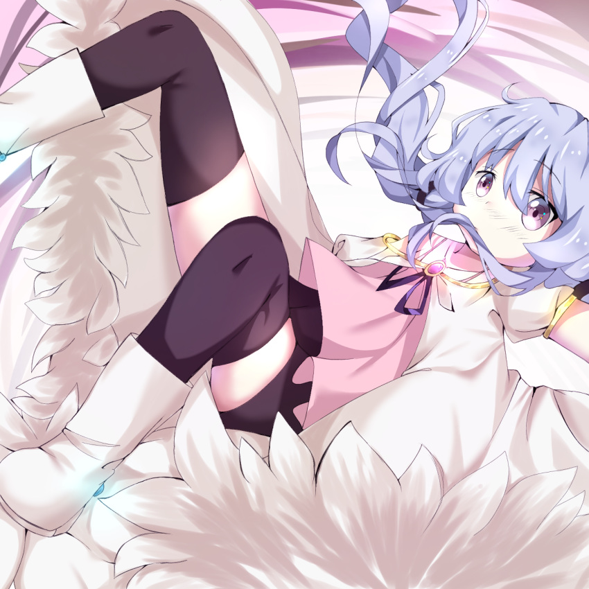 1girl artist_name beyblade beyblade:_burst black_legwear blue_hair boots bow breasts chankyone character_name closed_mouth down_jacket foliage highres jewelry legs long_hair looking_up lying necktie nishiro_nya open_eyes panties panty_pull pink_shirt purple_eyes shirt short_twintails simple_background small_breasts solo twintails underwear vest