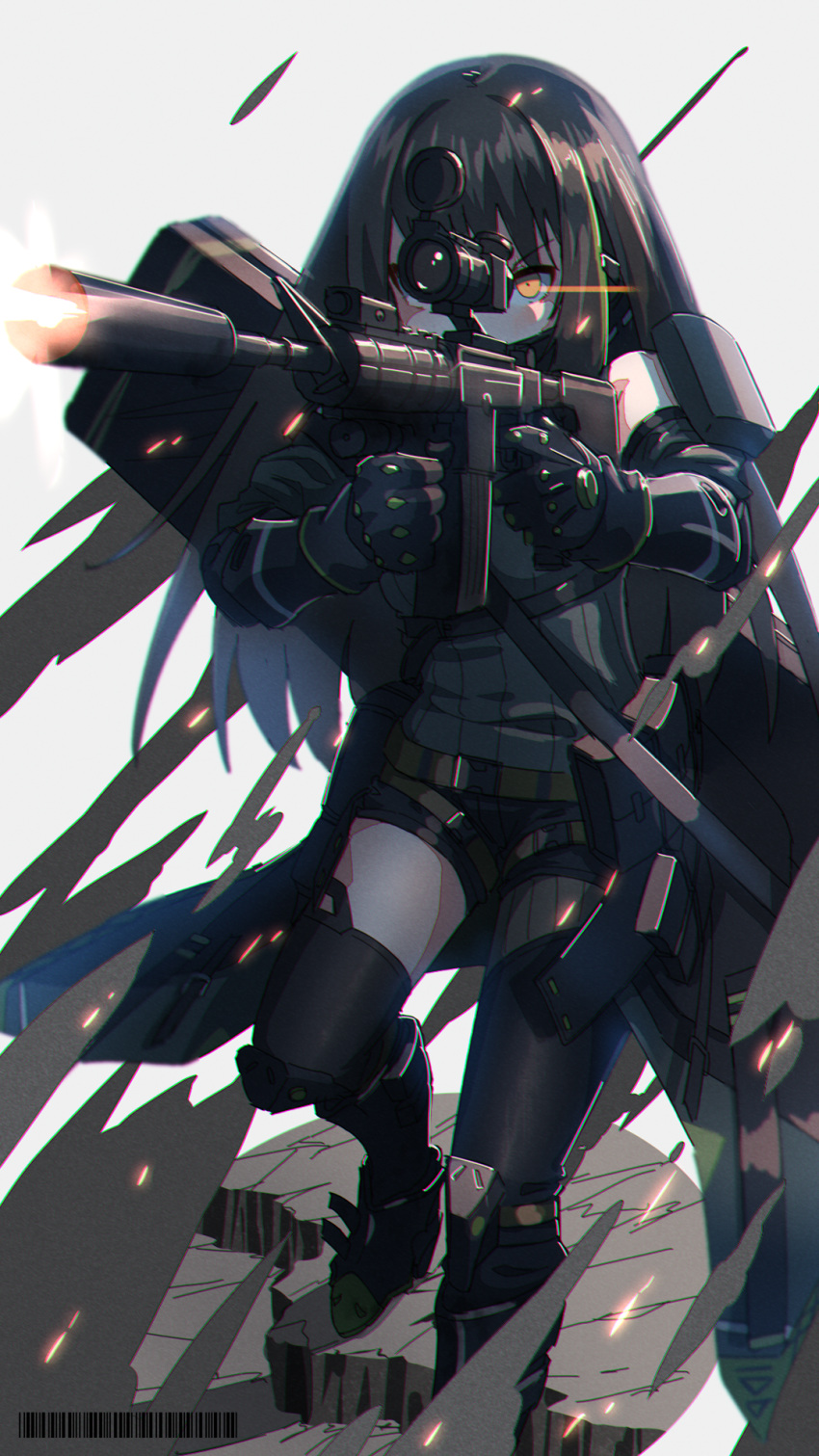 arm_guards arm_pouch arms_up assault_rifle bangs barcode black_footwear black_gloves black_hair black_legwear black_shorts boots brown_eyes combat_boots covered_face detached_sleeves firing foregrip full_body girls_frontline gloves green_eyes green_sweater ground gun highres holding holding_weapon knee_guards kuro_kosyou long_hair lying m4_carbine m4a1_(girls_frontline) mask multicolored_hair muzzle_flash on_back rifle scope serious shiny shiny_hair short_shorts shorts sight simple_background sleeveless_sweater smoke standing strap suppressor sweater thighhighs weapon weapon_case white_background zettai_ryouiki