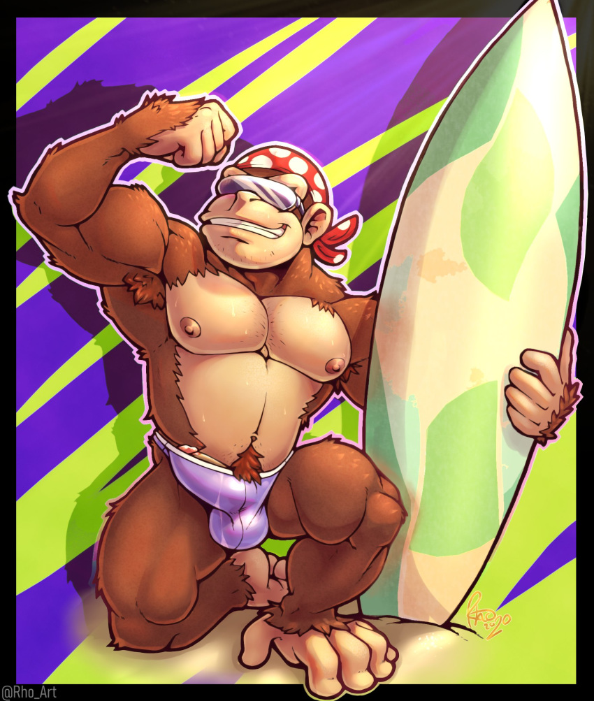 5_fingers 5_toes anthro ape armpit_hair balls_outline bandanna barely_contained body_hair brown_body brown_fur clothed clothing donkey_kong_(series) eyewear fingers flexing funky_kong fur genital_outline genitals gorilla grin haplorhine hi_res holding_surfboard humanoid_genitalia humanoid_penis kneeling male mammal muscular muscular_anthro muscular_male navel nintendo nipples omegaro on_one_knee outline pecs penis primate pubes smile solo sunglasses surfboard swimwear toes topless vehicle video_games watercraft