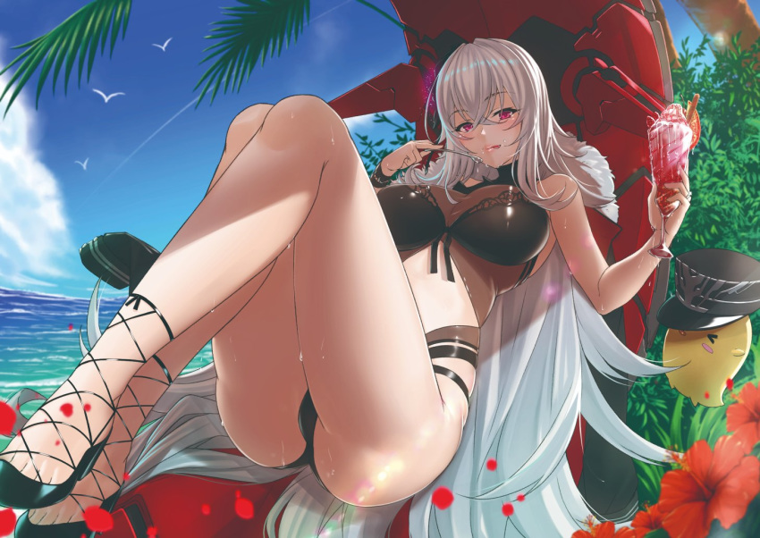 1girl :p ass azur_lane bangs black_footwear black_headwear black_swimsuit breasts coat crossed_bangs eba_uenihane eyebrows_visible_through_hair flower fur-trimmed_coat fur_trim graf_zeppelin_(azur_lane) graf_zeppelin_(beachside_urd)_(azur_lane) hair_between_eyes hair_flower hair_ornament hat hat_removed headwear_removed holding holding_spoon knees_up large_breasts legs long_hair looking_at_viewer manjuu_(azur_lane) navel_cutout one-piece_swimsuit open_mouth peaked_cap pink_eyes see-through silver_hair solo spoon swimsuit thighs tongue tongue_out very_long_hair