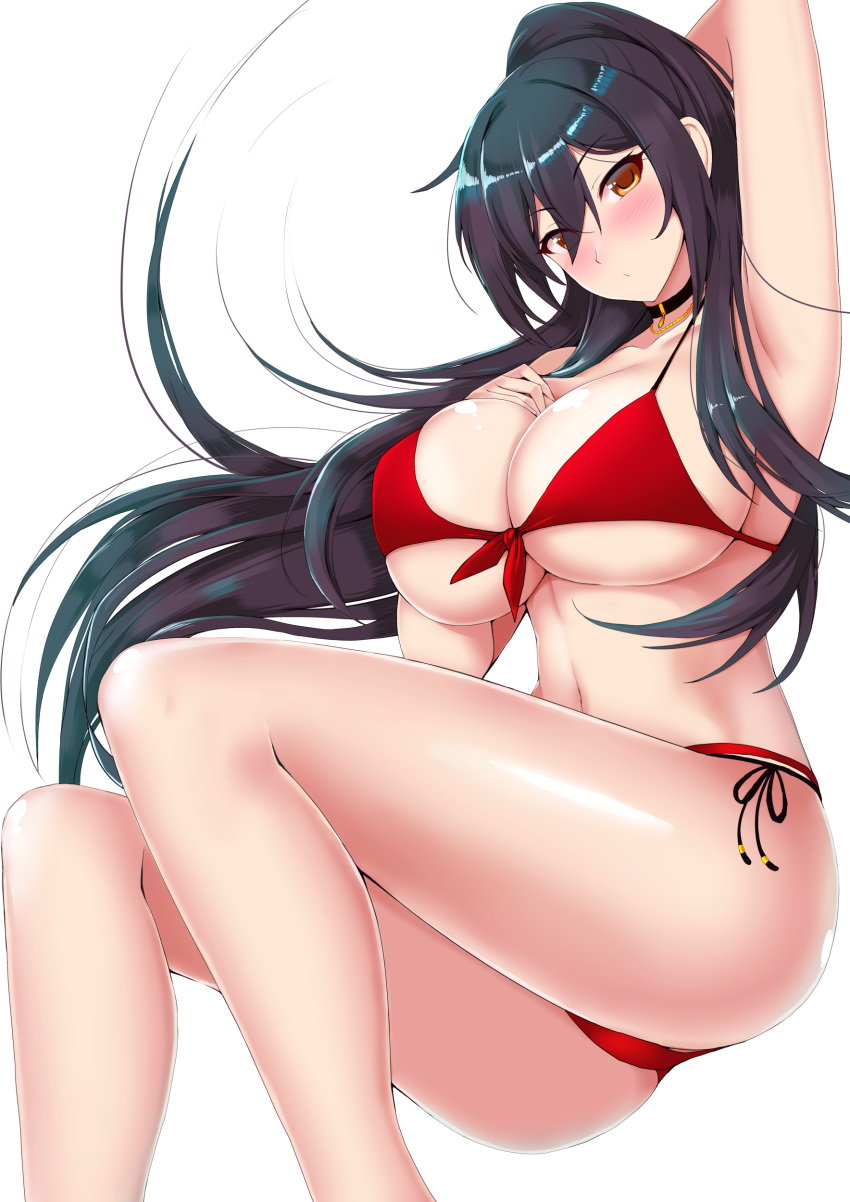 1girl absurdres arm_behind_head arm_up armpits bangs bikini black_choker black_hair blush breasts choker cleavage commentary_request front-tie_top hair_between_eyes hand_on_own_chest high_ponytail highres idolmaster idolmaster_shiny_colors large_breasts long_hair looking_at_viewer moo_yoshio red_bikini shirase_sakuya side-tie_bottom sidelocks swimsuit thighs underboob yellow_eyes