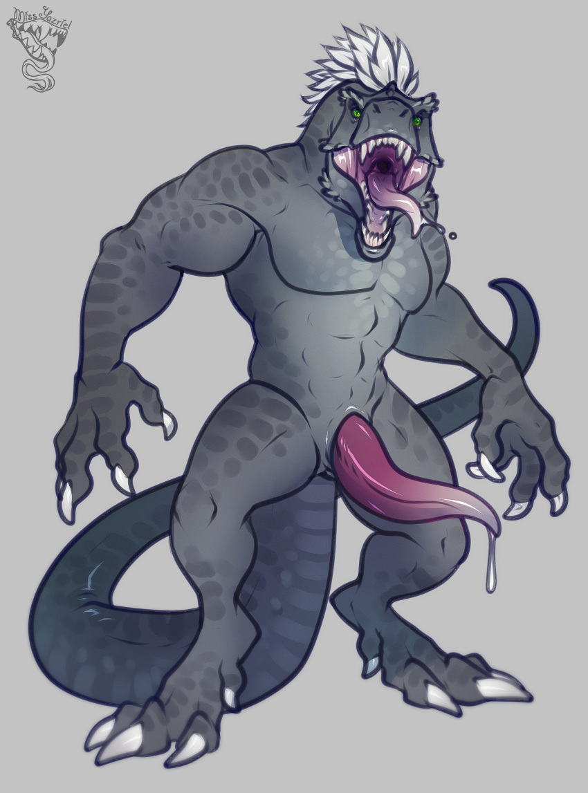 abs absurd_res action_pose anthro biceps bodily_fluids claws dinosaur drooling erection feathers full-length_portrait genitals green_eyes grey_body grey_scales hi_res long_tail looking_at_viewer male meljewk miss-yazriel muscular muscular_male open_mouth pecs penis portrait pose reptile roaring saliva scales scalie solo standing tapering_penis theropod tongue tyrannosaurid tyrannosaurus tyrannosaurus_rex white_body white_feathers