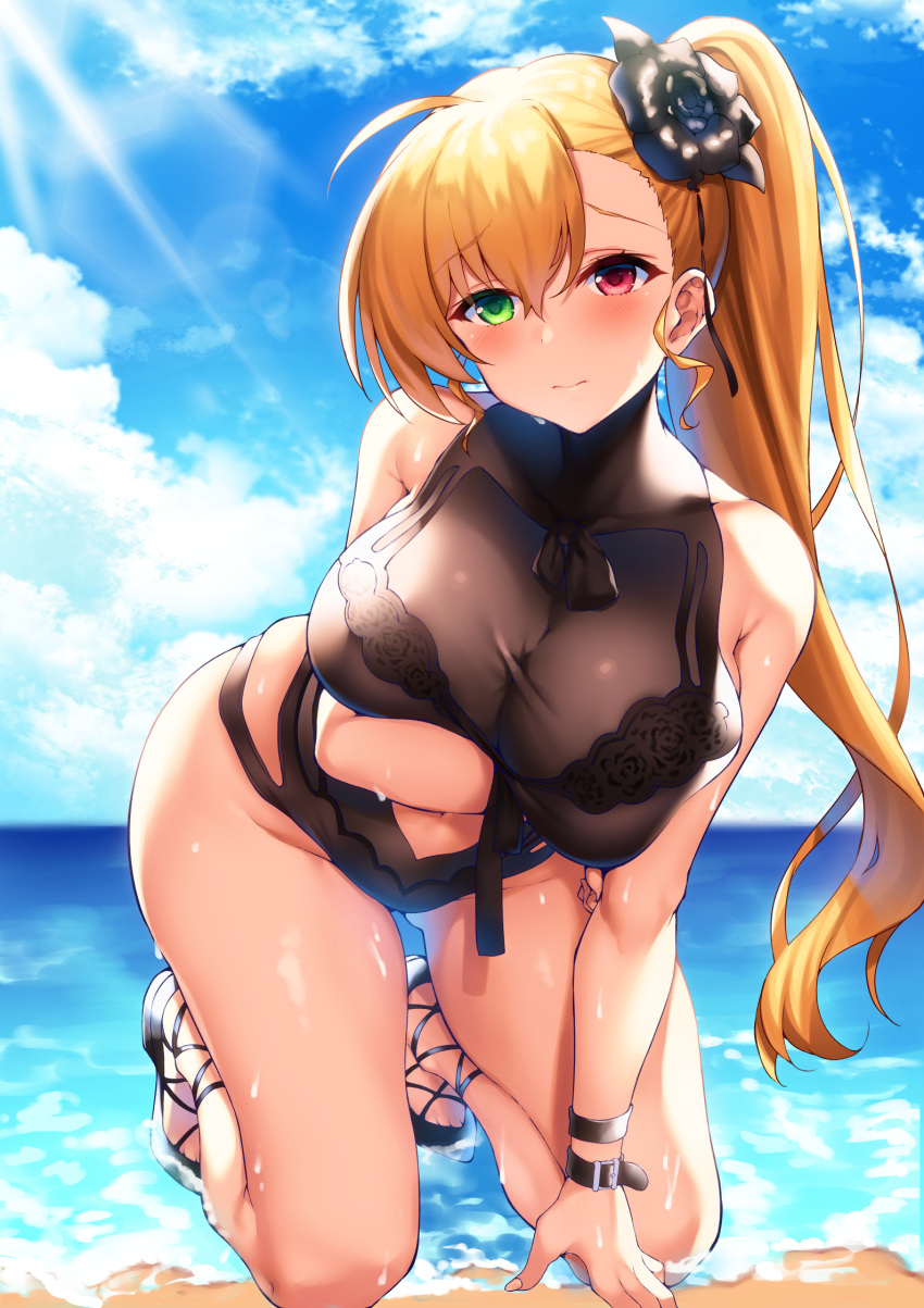 1girl arm_support asymmetrical_bangs bangs beach bikini black_bikini black_flower black_footwear blonde_hair blue_sky blush bracelet breast_hold breasts cleavage closed_mouth cloud cloudy_sky commentary day eyebrows_visible_through_hair flower frown green_eyes hair_flower hair_ornament half-closed_eyes heterochromia highres jewelry kneeling large_breasts leaning_forward long_hair looking_at_viewer lyrical_nanoha mahou_shoujo_lyrical_nanoha_vivid navel ocean outdoors raiou red_eyes sandals side_ponytail skindentation sky solo swimsuit vivio wet