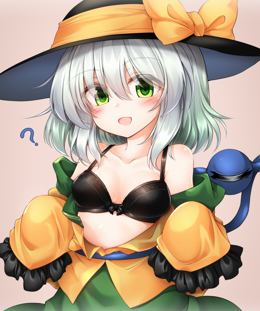 1girl ? bare_shoulders black_bra blush bra breasts cleavage collarbone eyebrows_visible_through_hair eyes_visible_through_hair frilled_sleeves frills green_eyes hair_between_eyes hat hat_ribbon highres komeiji_koishi lace lace_bra long_sleeves looking_at_viewer m9kndi monochrome_background off_shoulder open_mouth ribbon short_hair sidelocks silver_hair simple_background sleeves_past_wrists small_breasts third_eye touhou underwear