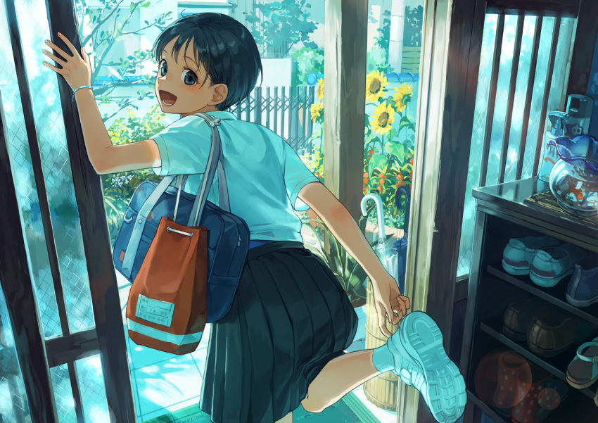 1girl bag black_eyes black_hair blue_skirt commentary fish fishbowl flower from_behind goldfish looking_back mumi_(otakutanosiiyo) open_mouth original putting_on_shoes school_bag school_uniform shirt short_hair skirt solo sunflower umbrella white_shirt