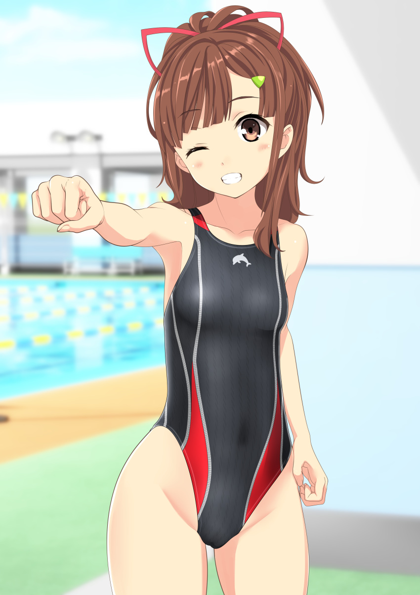 1girl absurdres bench black_swimsuit blue_sky blurry breasts brown_eyes brown_hair cloud competition_swimsuit cowboy_shot day depth_of_field grin high_school_fleet highleg highleg_swimsuit highres irizaki_mei long_hair looking_at_viewer one-piece_swimsuit outdoors ponytail pool punching sky small_breasts smile solo swimsuit takafumi