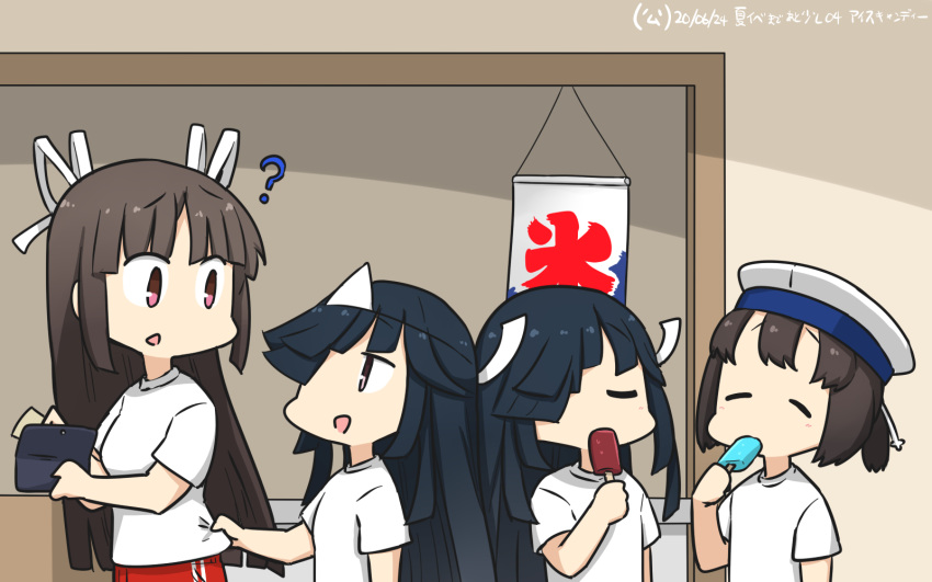 4girls ? alternate_costume black_hair bob_cut closed_eyes commentary_request daitou_(kantai_collection) dated dual_persona ghost hair_over_one_eye hair_ribbon hamu_koutarou hat hayashimo_(kantai_collection) high_ponytail highres hime_cut hiyou_(kantai_collection) kantai_collection long_hair multiple_girls pants red_eyes red_pants ribbon sailor_hat shirt short_hair t-shirt track_pants triangular_headpiece very_long_hair white_headwear white_shirt