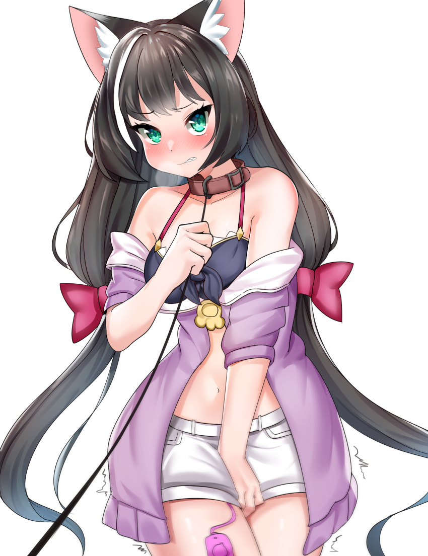 2019 absurd_res animal_humanoid black_hair blush bottomwear breasts cat_humanoid clothing collar corin felid felid_humanoid feline feline_humanoid female green_eyes hair hand_on_leash hi_res highlights_(coloring) humanoid kyaru_(princess_connect) leash long_hair mammal mammal_humanoid navel pigtails shorts simple_background solo white_background white_highlights