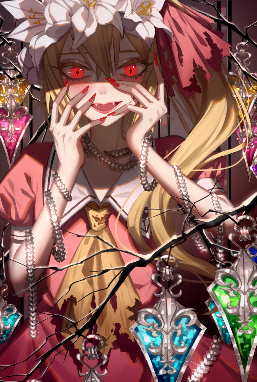 1girl absurdres ascot blonde_hair dress fangs fingernails flandre_scarlet hair_between_eyes hat highres lips long_fingernails long_hair looking_at_viewer mob_cap nail_polish open_mouth puffy_short_sleeves puffy_sleeves red_dress red_eyes red_nails short_sleeves side_ponytail smile solo touhou upper_body white_headwear yellow_neckwear ze_xia